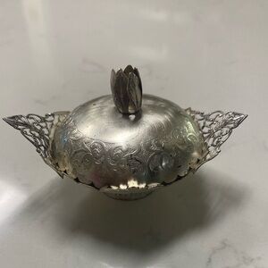 Turkish? Silver Tone Footed Bowl With Lid, Embossed Sugar Bowl